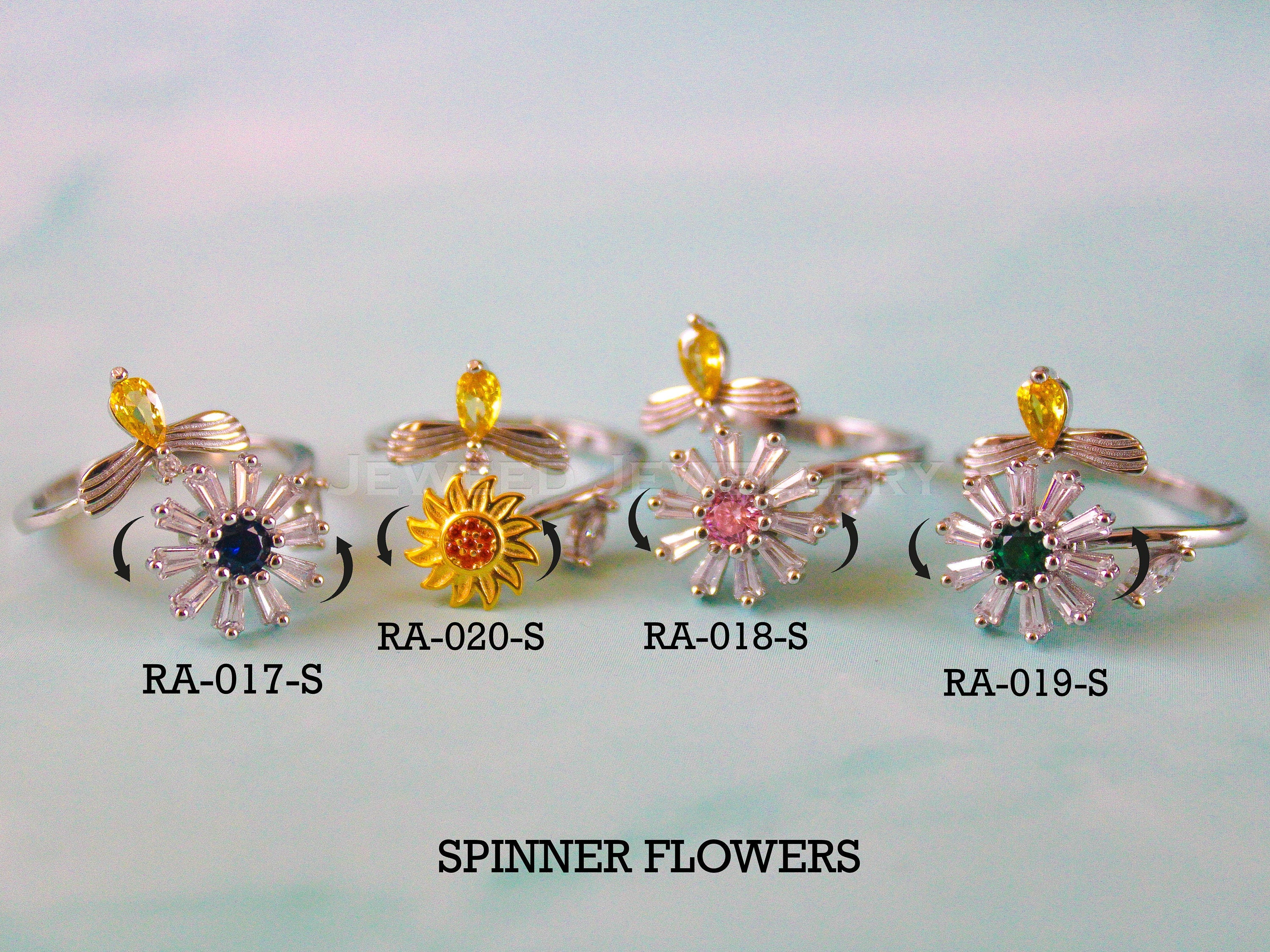 Sunflower Fidget Ring Adjustable - Spinner Ring Sterling Silver - Cubic Zirconia Umbrella Windmill