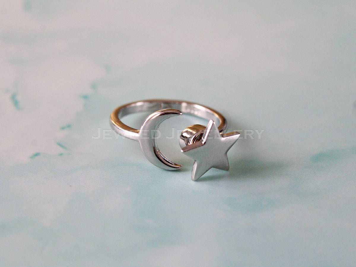Moon and Star Ring - Fidget Ring Adjustable - 925 Sterling Silver Anxiety Ring - Spinning Worry Rings For Women , Perfect Gift For Her .