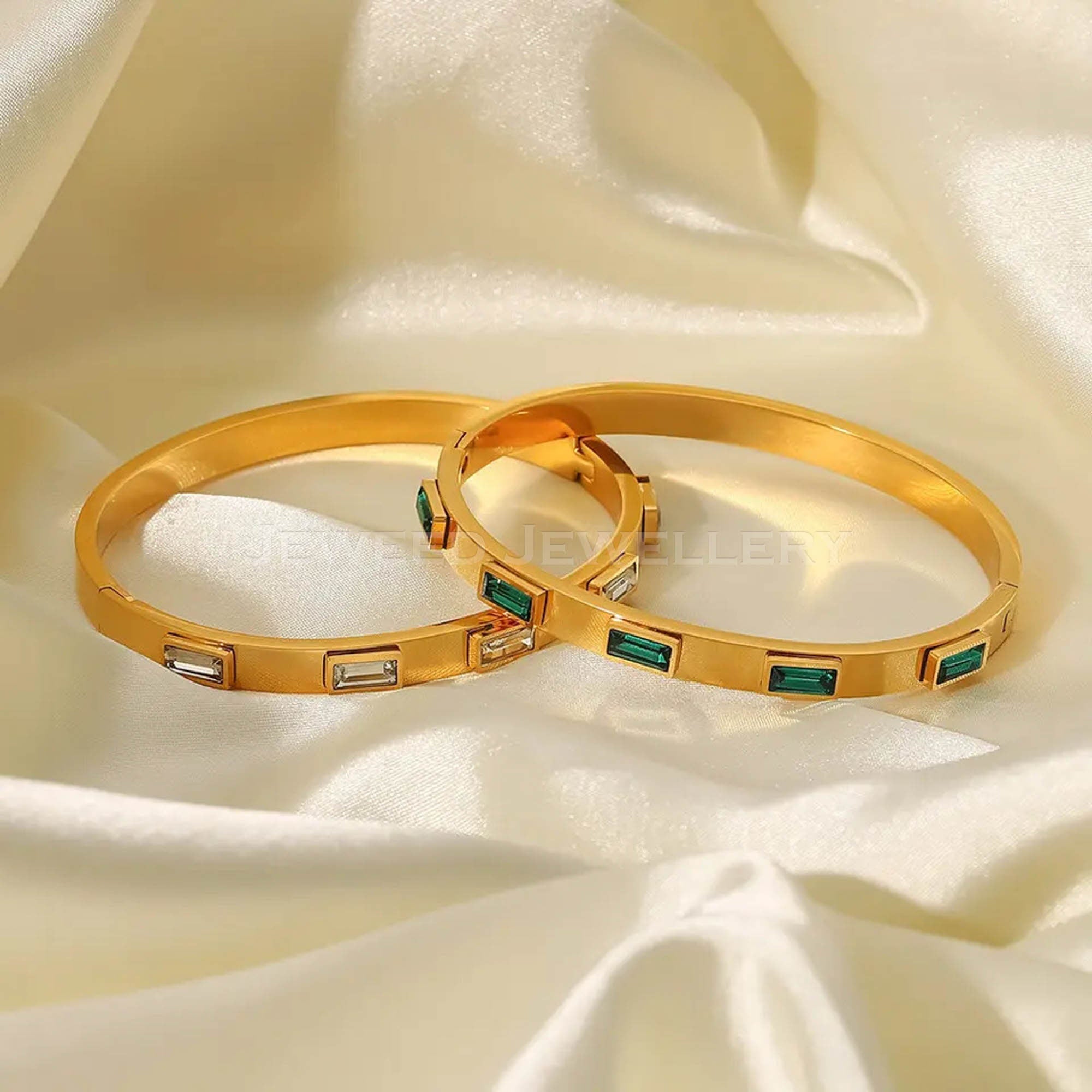 Emerald Bracelet - Green Gem Bangle 18 K Gold Plated with Sparkling Gemstones - Birthstone Jewelry for Her