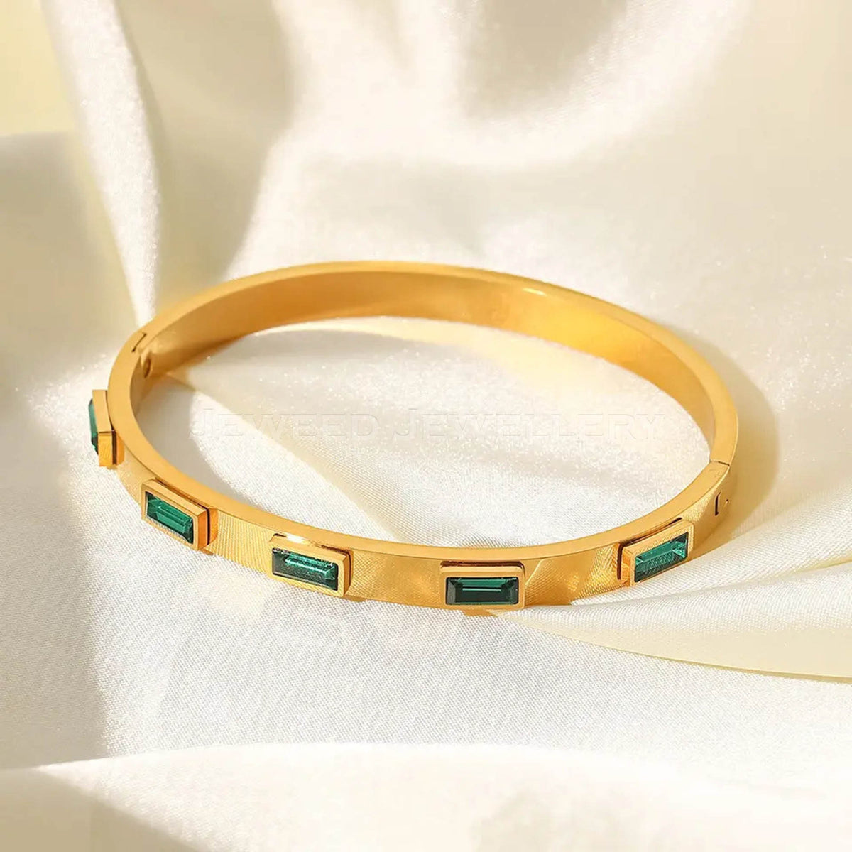 Emerald Bracelet - Green Gem Bangle 18 K Gold Plated with Sparkling Gemstones - Birthstone Jewelry for Her
