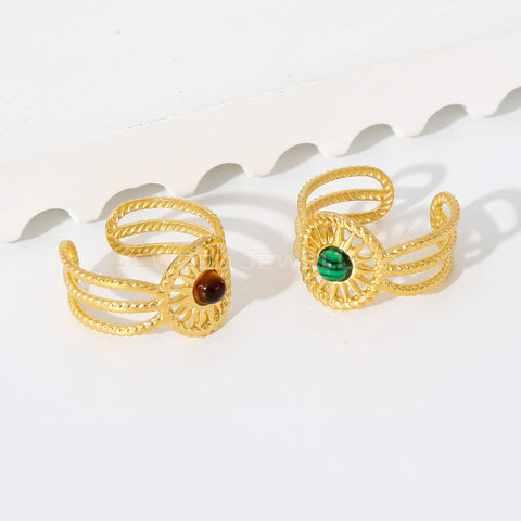 Vintage Obsidian And Malachite Crystal Ring - 18K Gold Plated Cuff Black, Red , Green Pearl Adjustable Ring for Women Gift