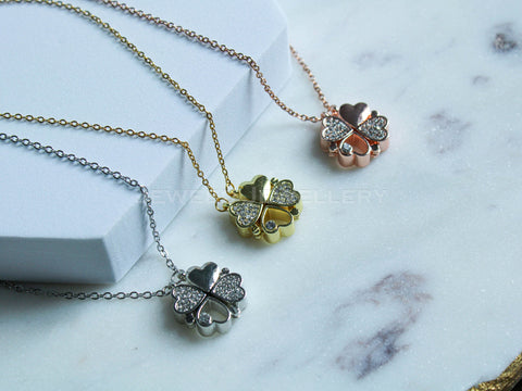 Two Ways To Wear • Magnetic Heart & Four Leaf Clover Necklace • 18K Gold Plated , Rose and Silver • Dainty Gift for Women